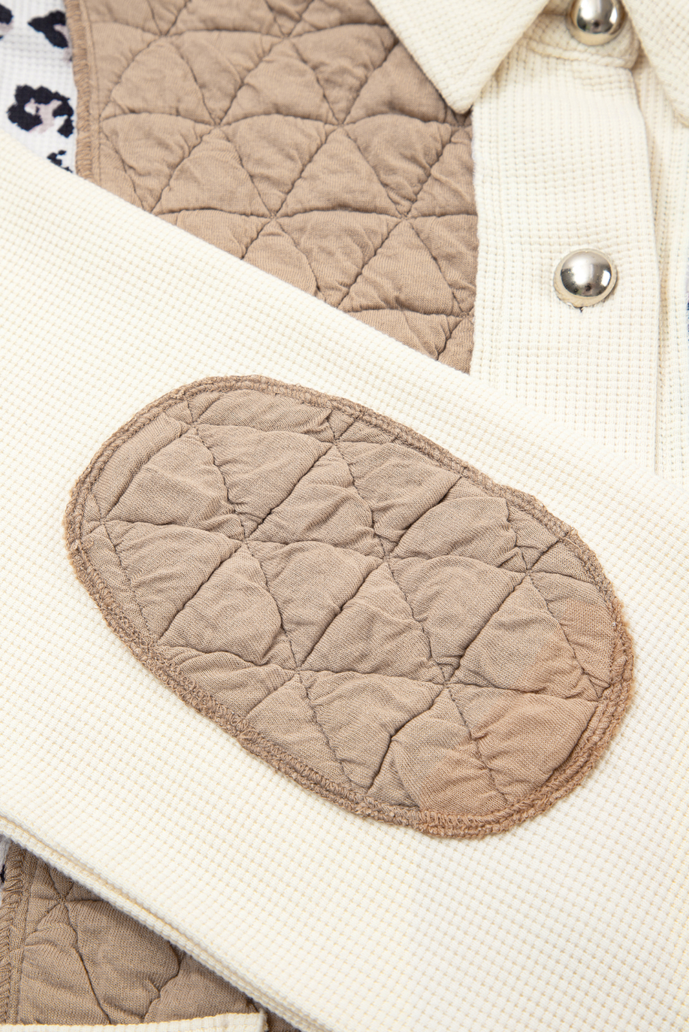 Khaki Leopard Waffle Quilted Patchwork Button Front Jacket view 18
