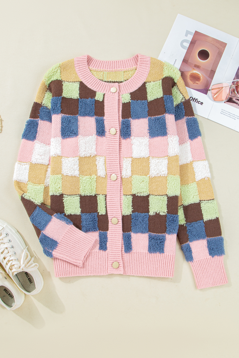 Multicolour Plush Checkered Pattern Button Front Cardigan Sweater view 14