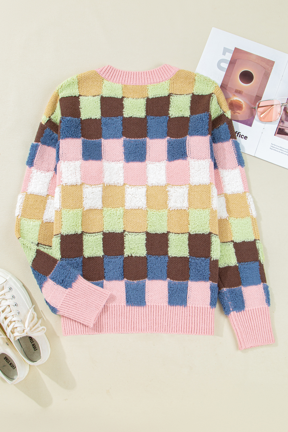 Multicolour Plush Checkered Pattern Button Front Cardigan Sweater view 15