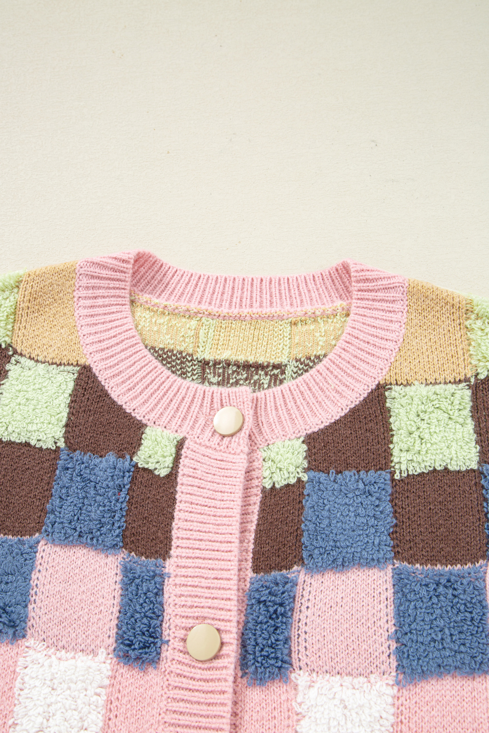 Multicolour Plush Checkered Pattern Button Front Cardigan Sweater view 20