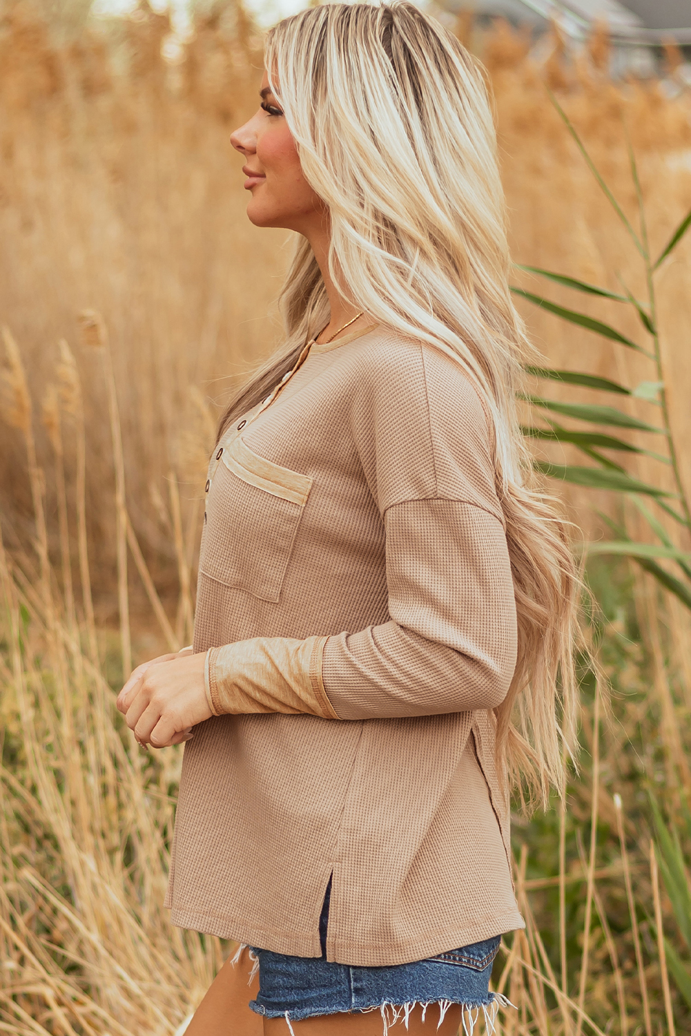 Dark Khaki Color Block Waffle Textured Tunic Henley Top with Slits view 3