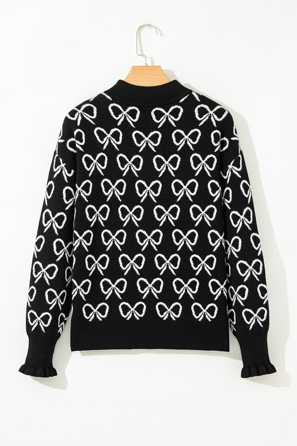 Black Cute Bow Pattern Drop Shoulder Zipped Collar Sweater view 12