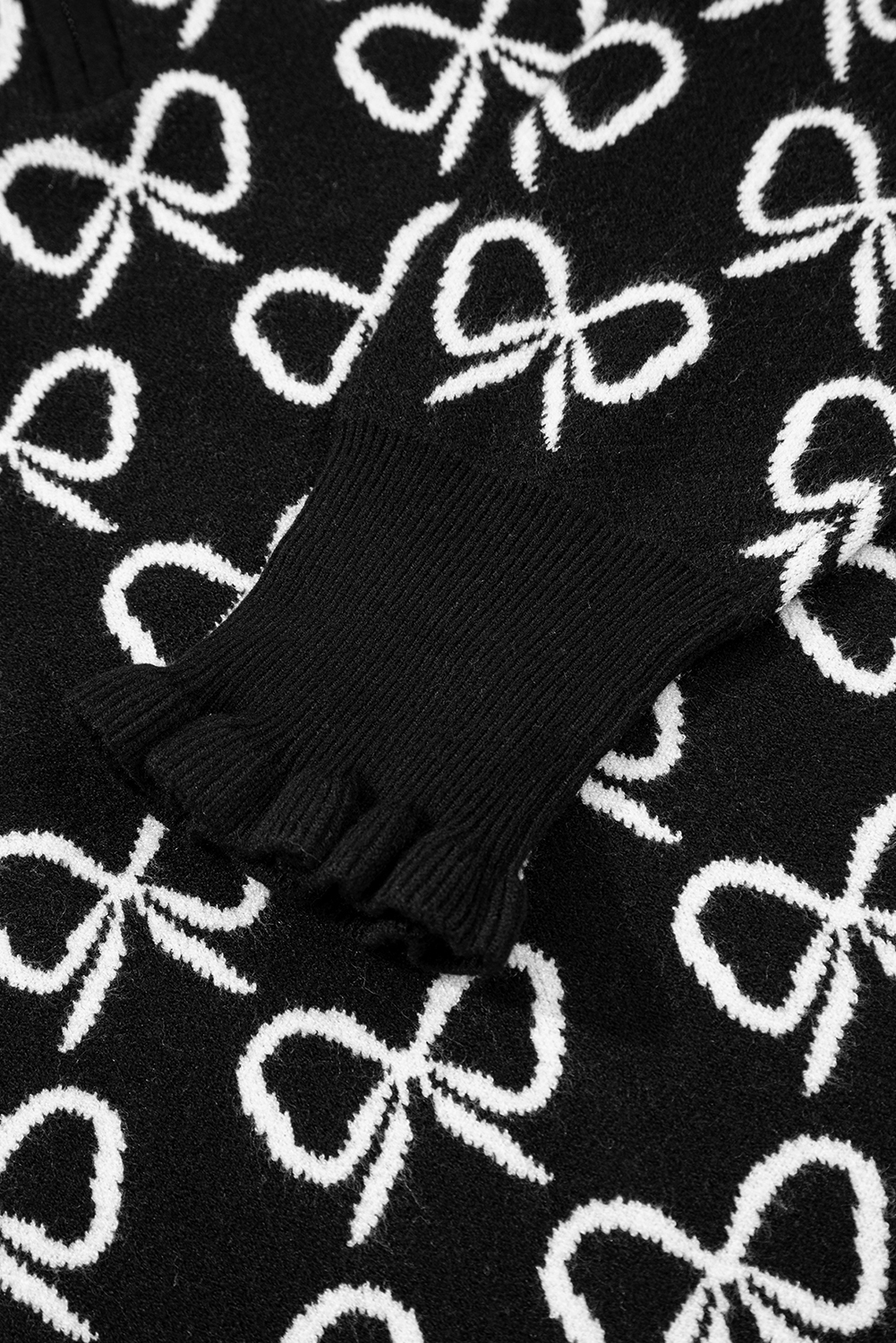 Black Cute Bow Pattern Drop Shoulder Zipped Collar Sweater view 15