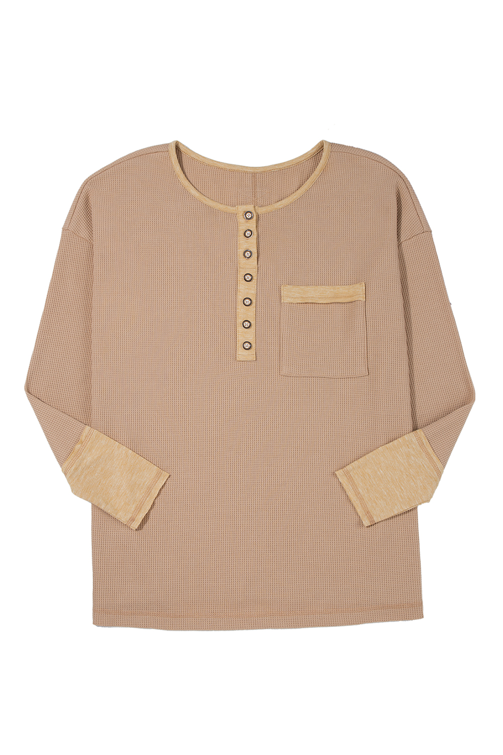 Dark Khaki Color Block Waffle Textured Tunic Henley Top with Slits view 21