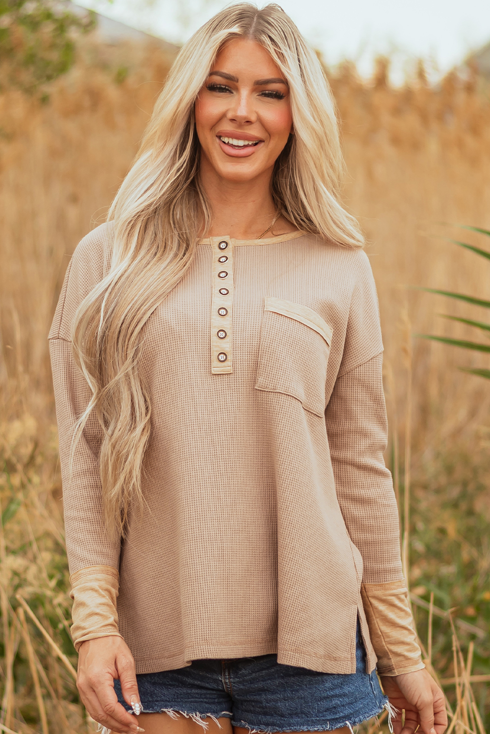 Dark Khaki Color Block Waffle Textured Tunic Henley Top with Slits view 6