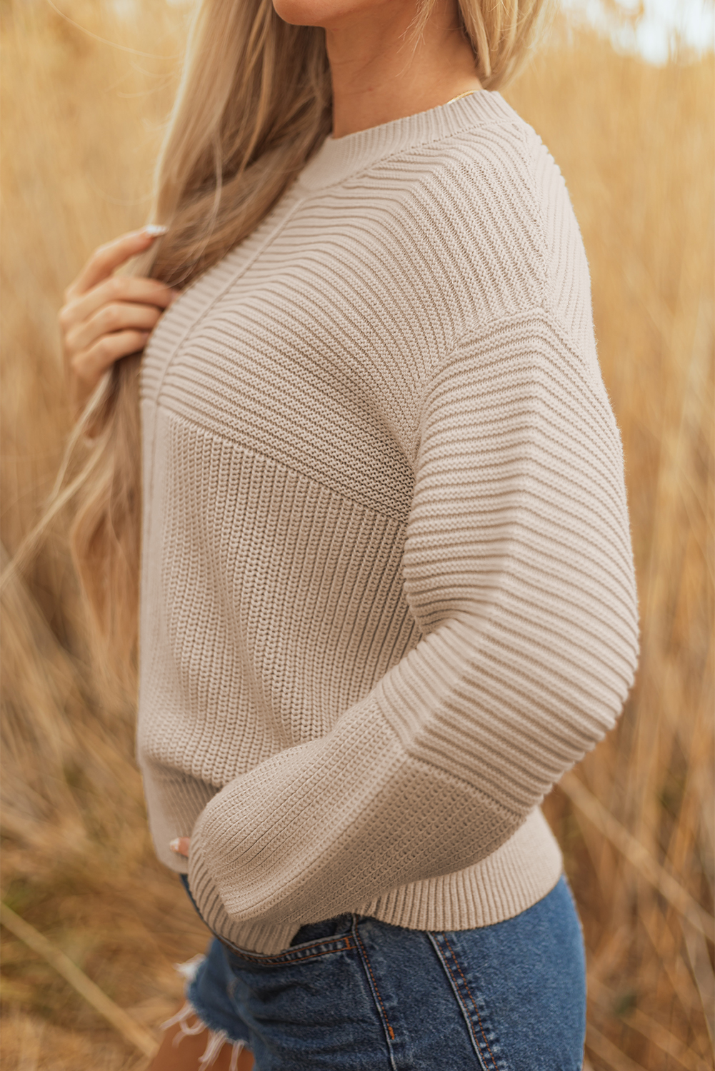 Parchment Mixed Texture Patchwork Knitted Puff Sleeve Sweater view 8