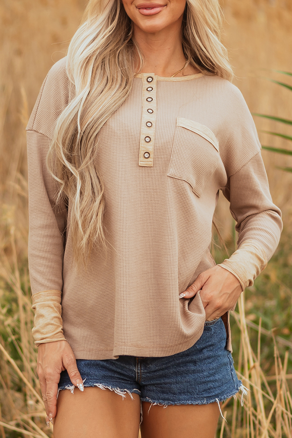 Dark Khaki Color Block Waffle Textured Tunic Henley Top with Slits view 7