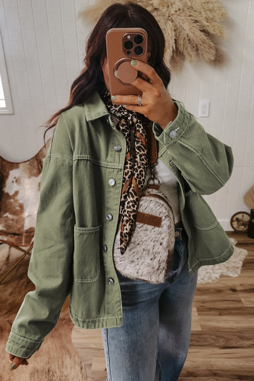 Smoke Green Patched Pocket Collared Button Front Boyfriend Denim Jacket view 13