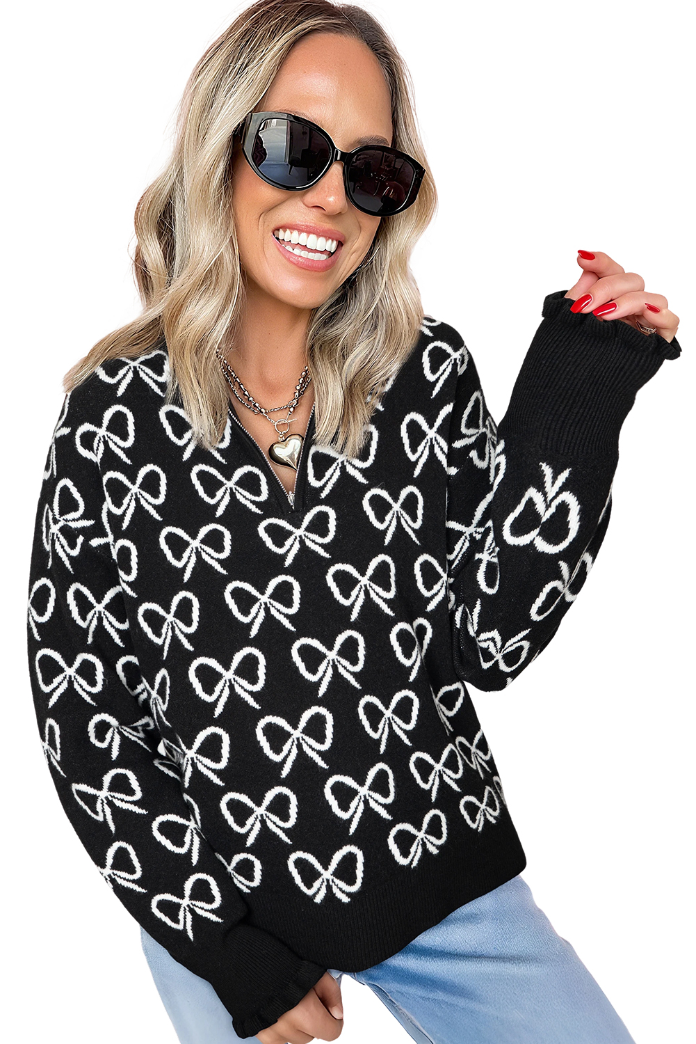 Black Cute Bow Pattern Drop Shoulder Zipped Collar Sweater view 20