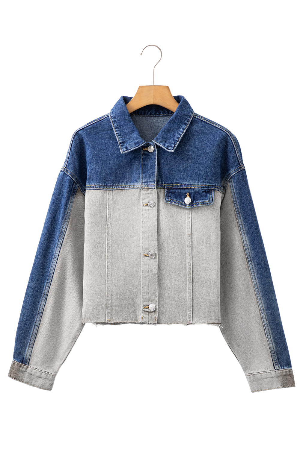 Dusk Blue Color Block Patchwork Flap Detail Distress Denim Jacket view 17