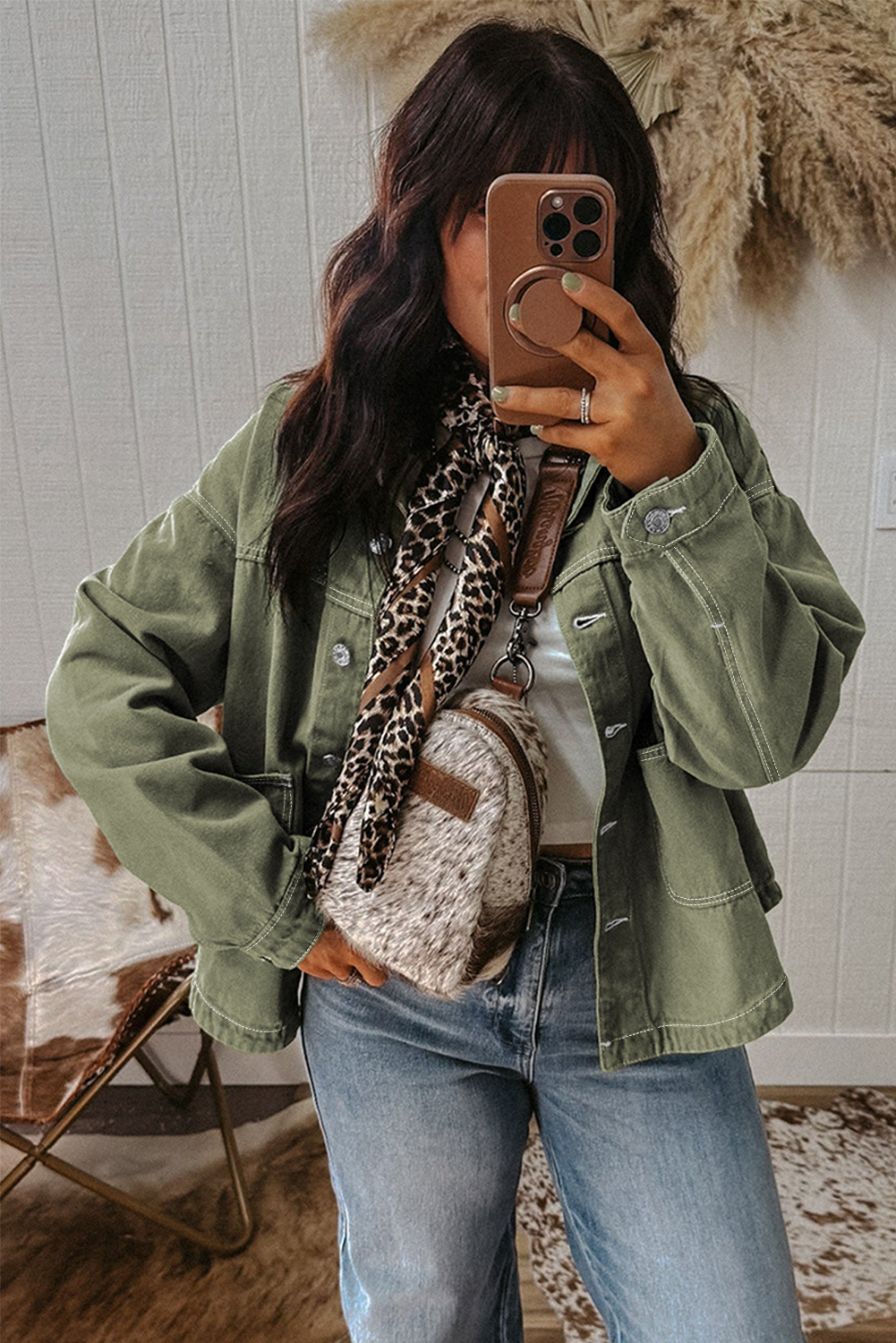 Smoke Green Patched Pocket Collared Button Front Boyfriend Denim Jacket view 11