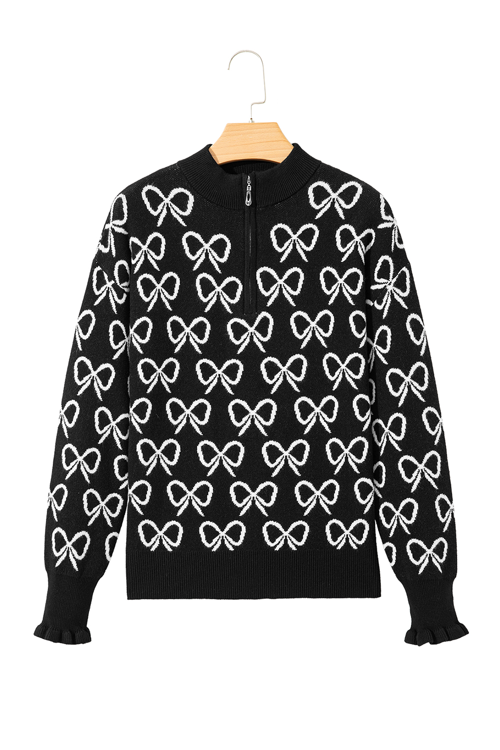 Black Cute Bow Pattern Drop Shoulder Zipped Collar Sweater view 21