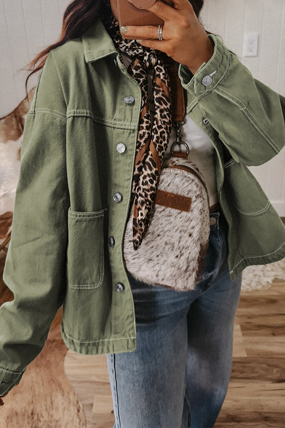Smoke Green Patched Pocket Collared Button Front Boyfriend Denim Jacket view 9