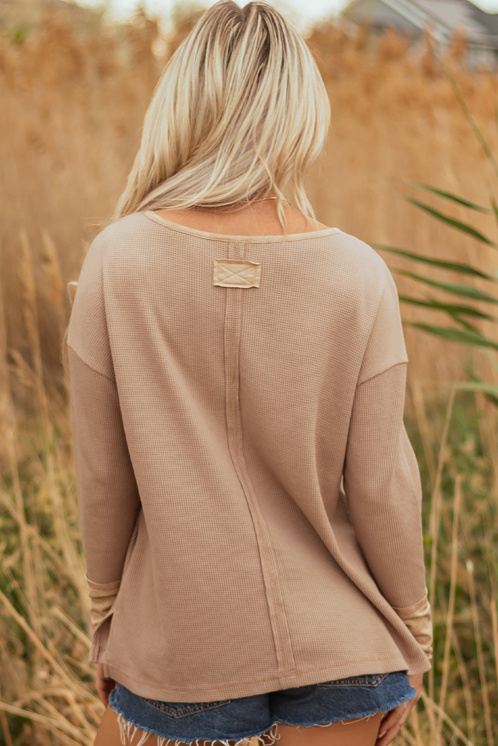 Dark Khaki Color Block Waffle Textured Tunic Henley Top with Slits view 2