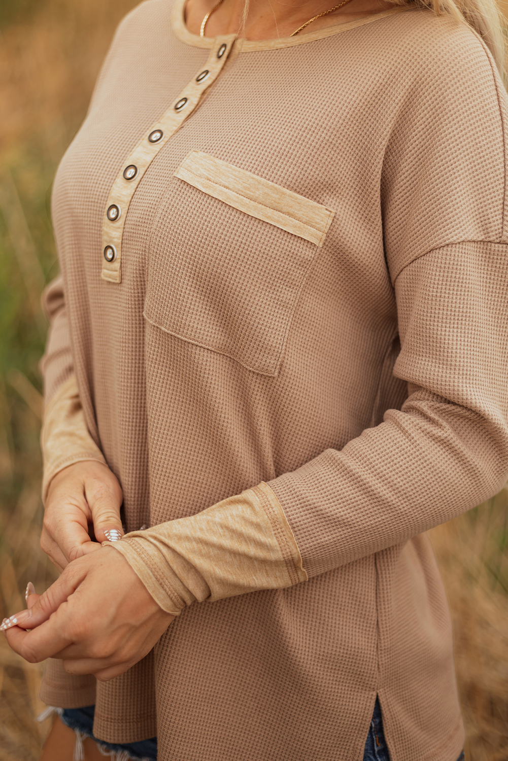 Dark Khaki Color Block Waffle Textured Tunic Henley Top with Slits view 8