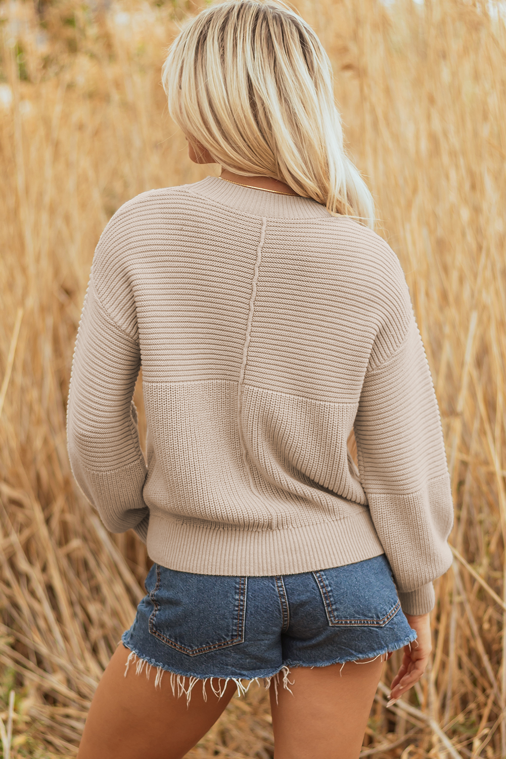 Parchment Mixed Texture Patchwork Knitted Puff Sleeve Sweater view 2