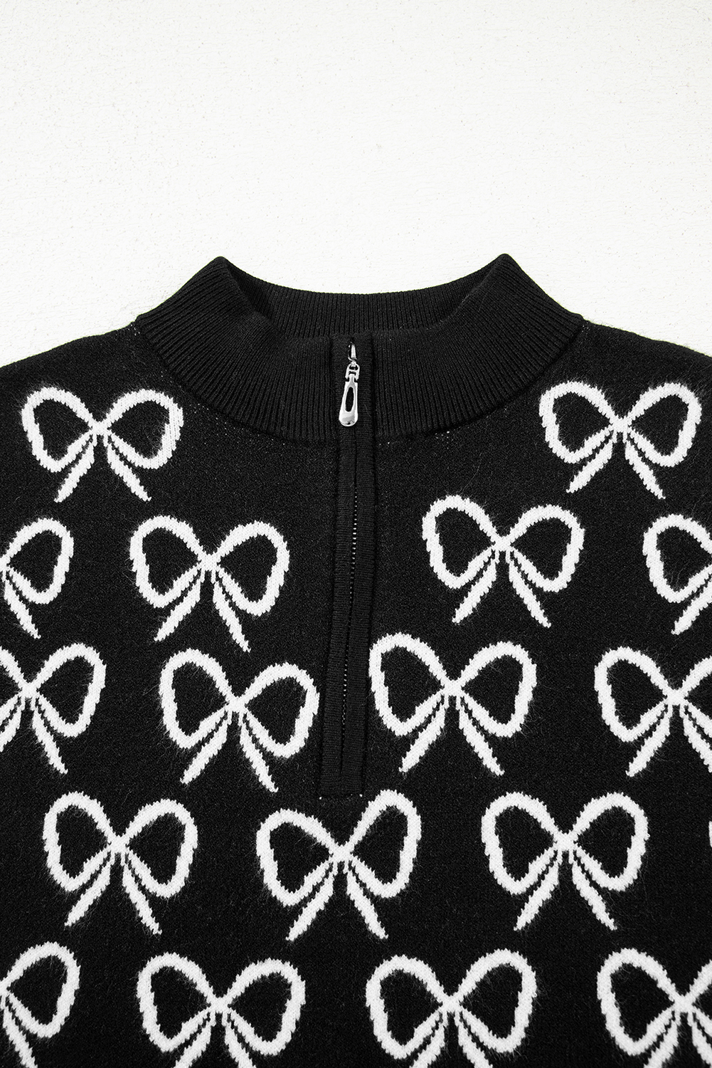 Black Cute Bow Pattern Drop Shoulder Zipped Collar Sweater view 17
