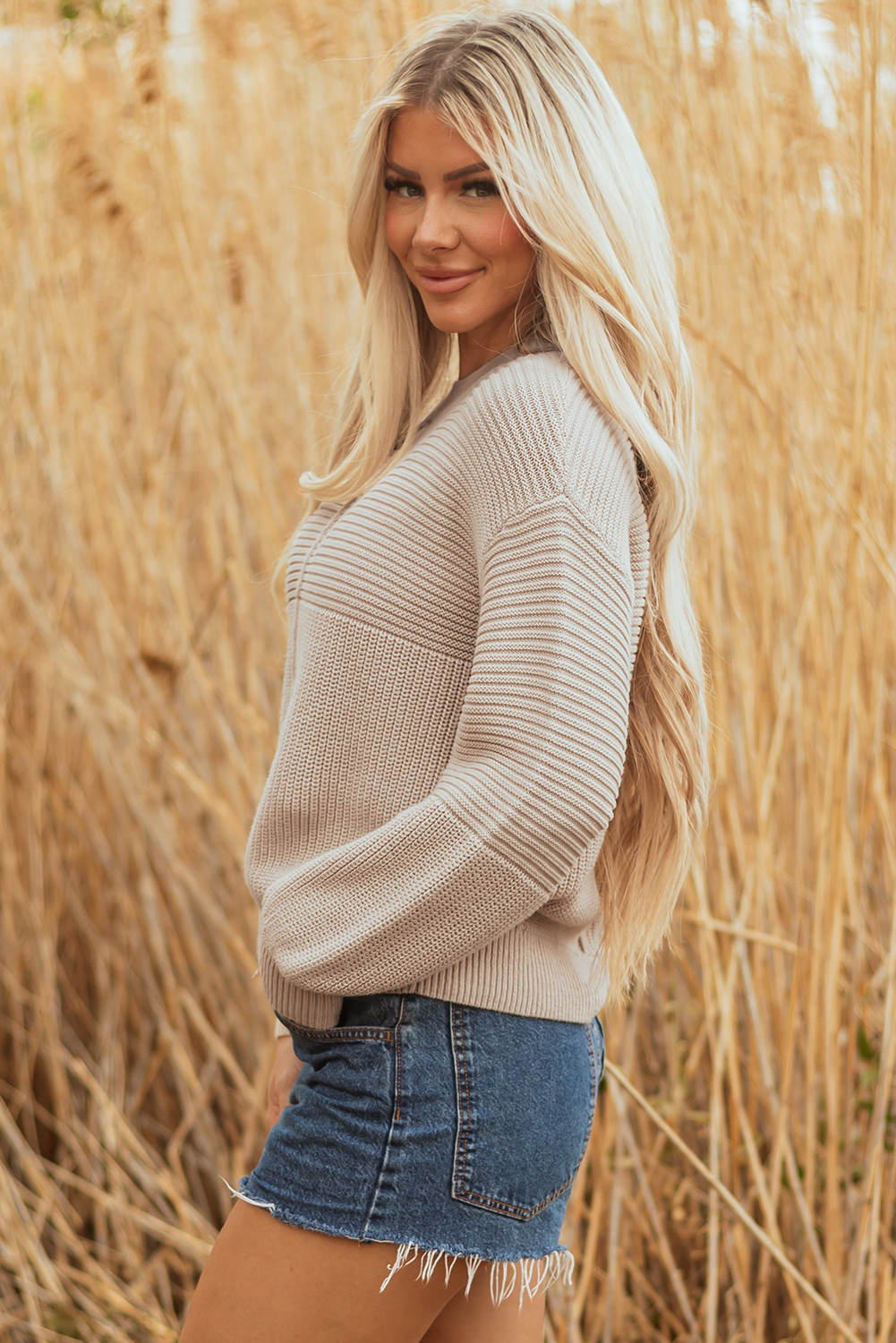 Parchment Mixed Texture Patchwork Knitted Puff Sleeve Sweater view 3