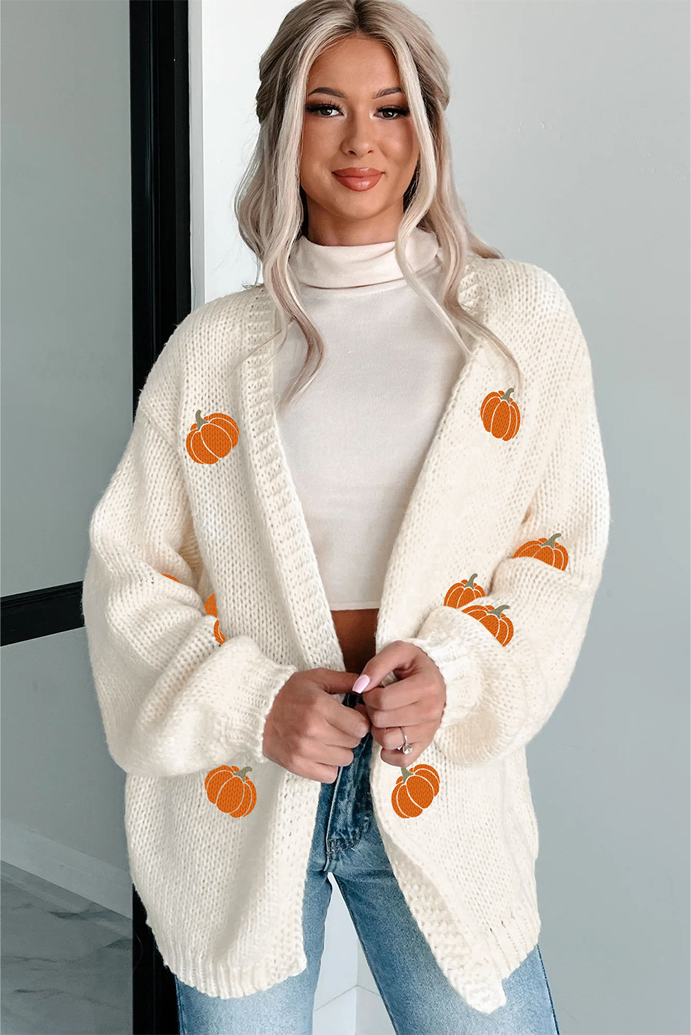 White Pumpkin Print Open Front Drop Shoulder Midi Cardigan view 11