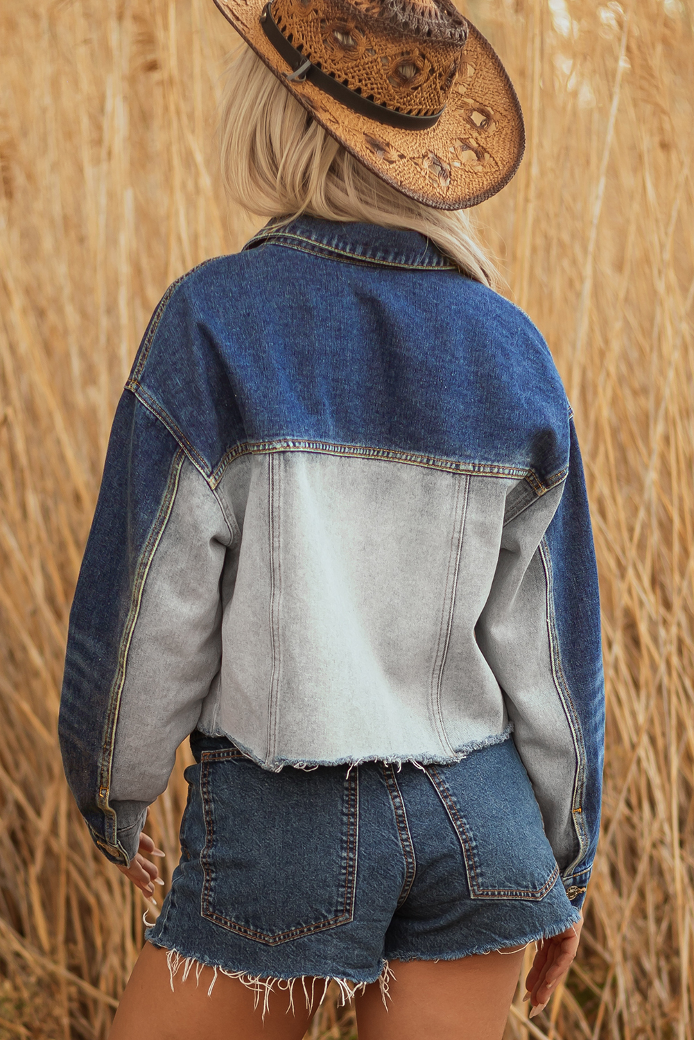 Dusk Blue Color Block Patchwork Flap Detail Distress Denim Jacket view 2