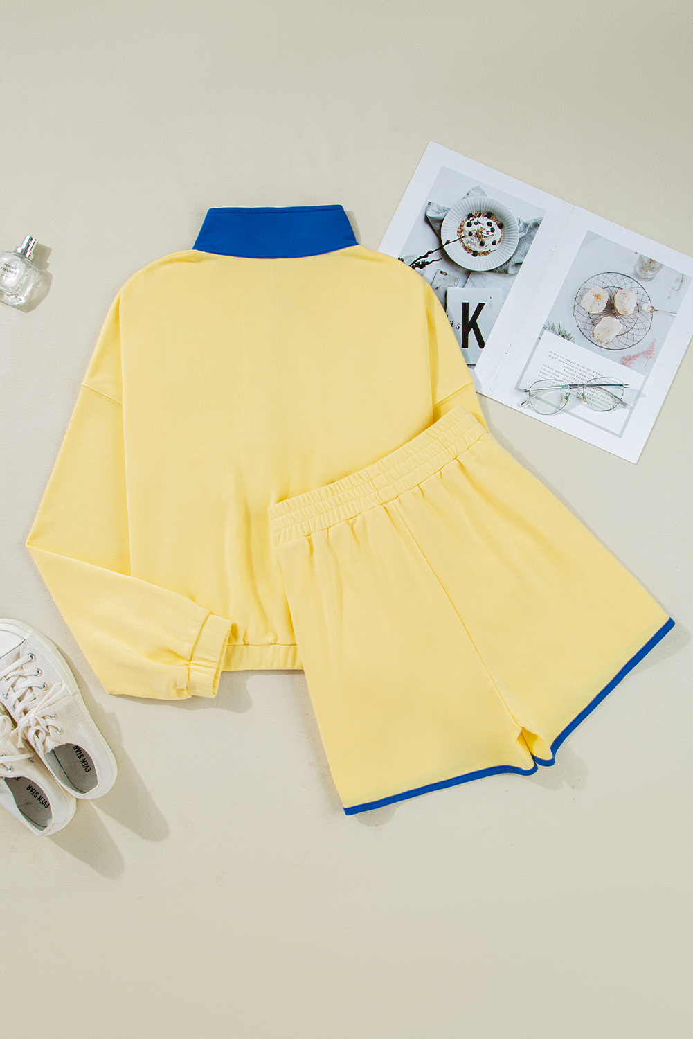 Yellow Color Block Patchwork Half Button Pullover and Shorts 2pcs Outfit view 9