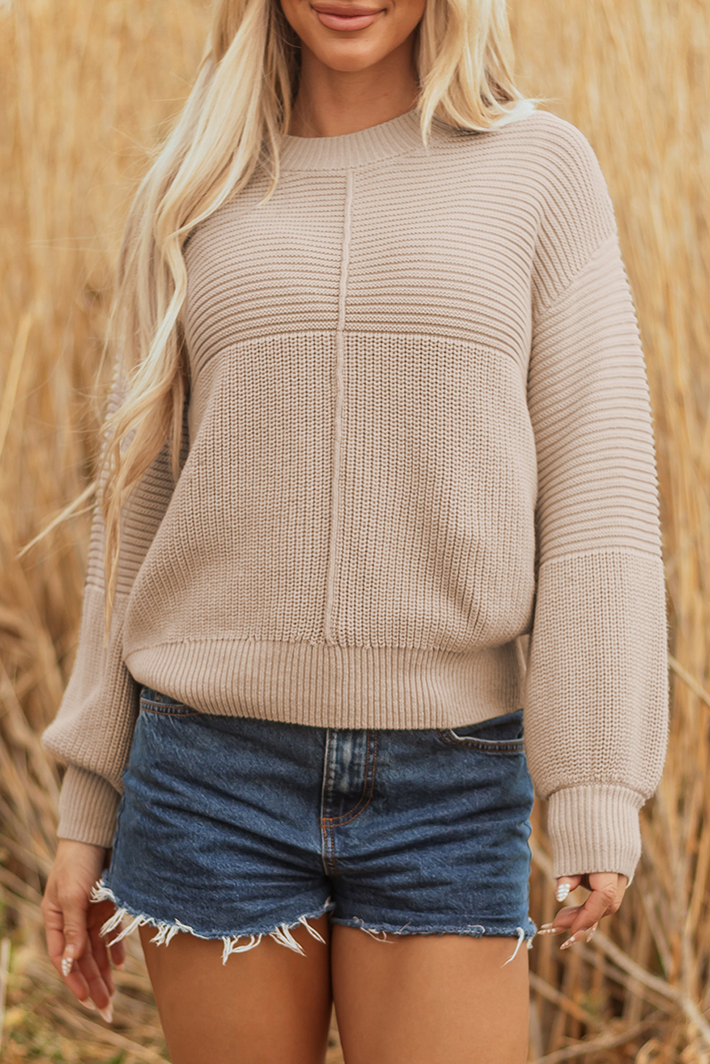 Parchment Mixed Texture Patchwork Knitted Puff Sleeve Sweater view 7