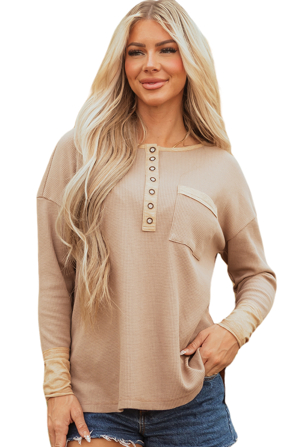 Dark Khaki Color Block Waffle Textured Tunic Henley Top with Slits view 20