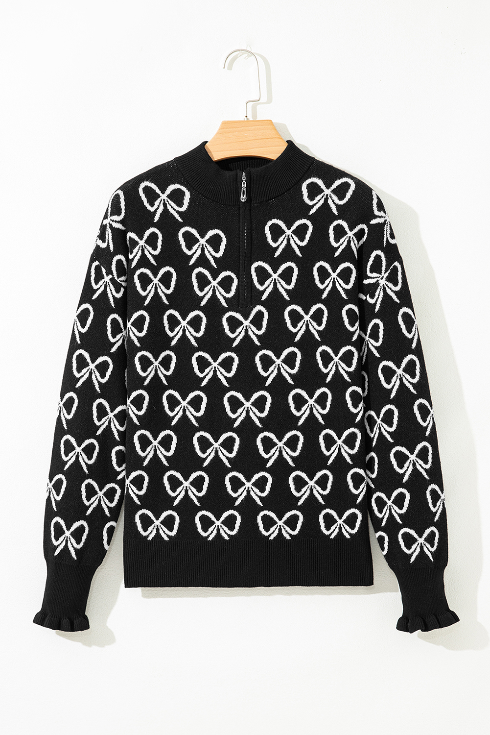 Black Cute Bow Pattern Drop Shoulder Zipped Collar Sweater view 11