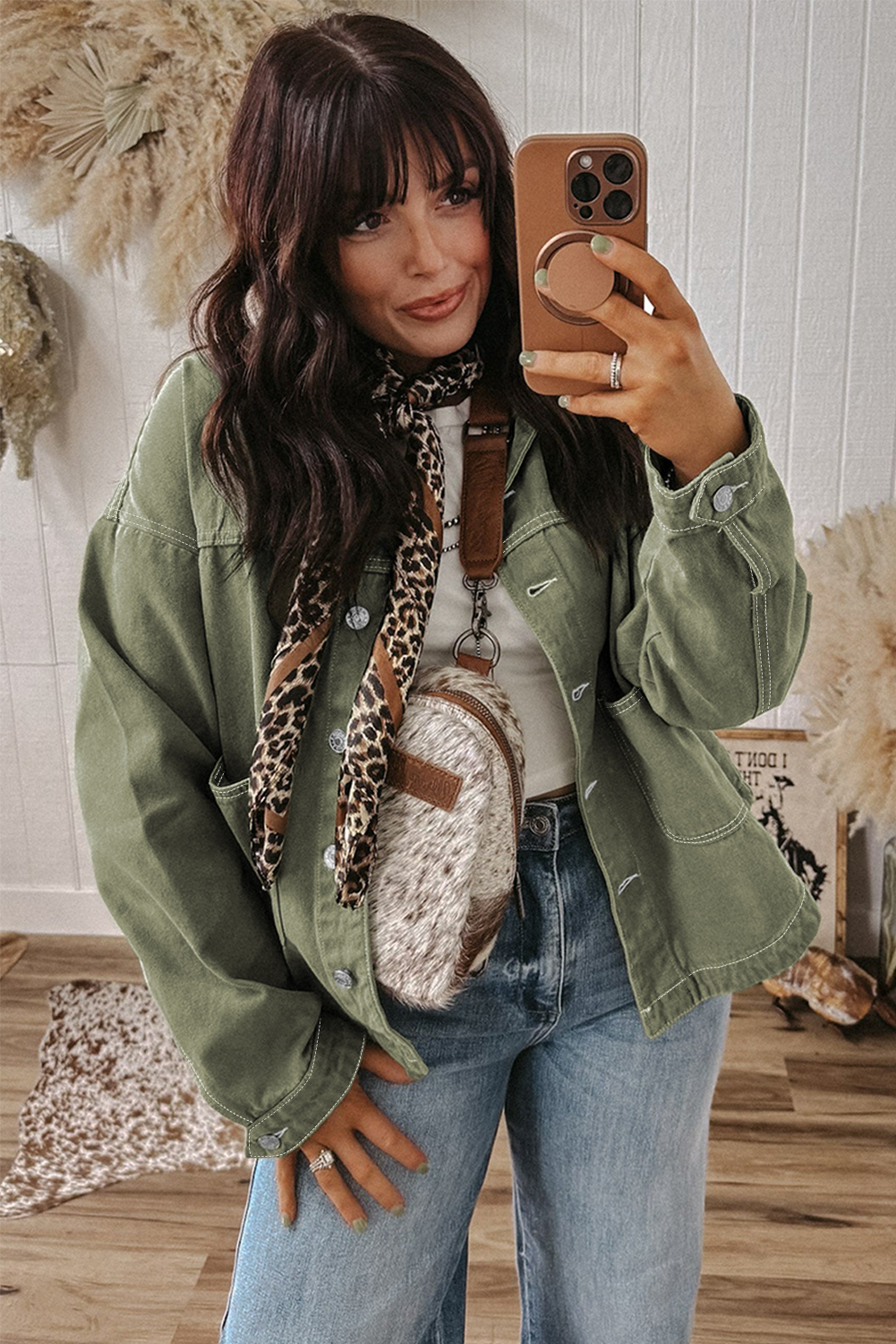 Smoke Green Patched Pocket Collared Button Front Boyfriend Denim Jacket view 12