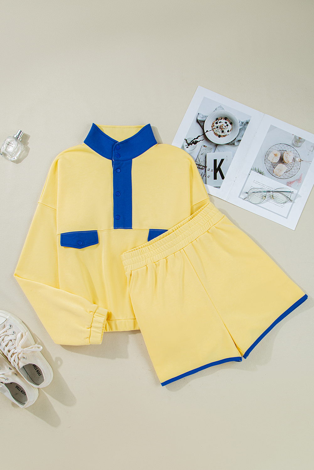 Yellow Color Block Patchwork Half Button Pullover and Shorts 2pcs Outfit view 8