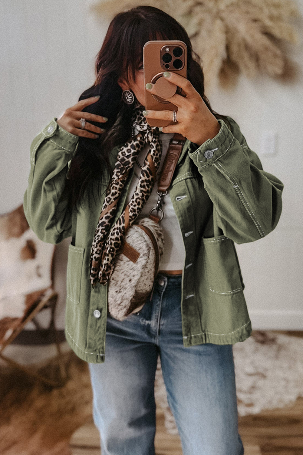Smoke Green Patched Pocket Collared Button Front Boyfriend Denim Jacket view 10