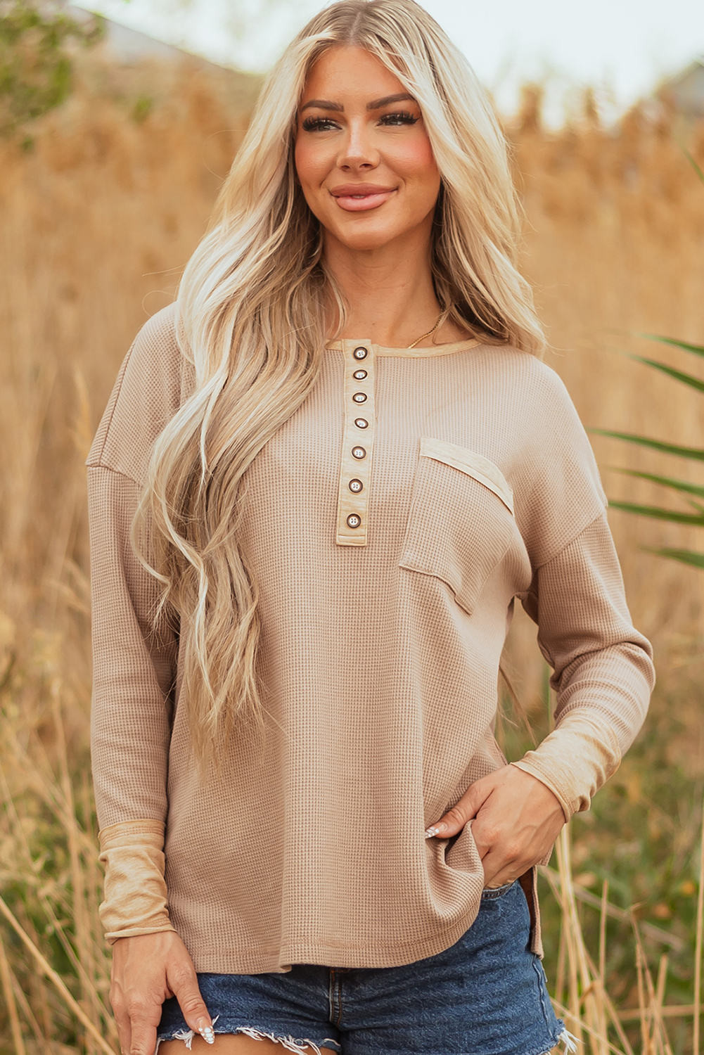 Dark Khaki Color Block Waffle Textured Tunic Henley Top with Slits view 5