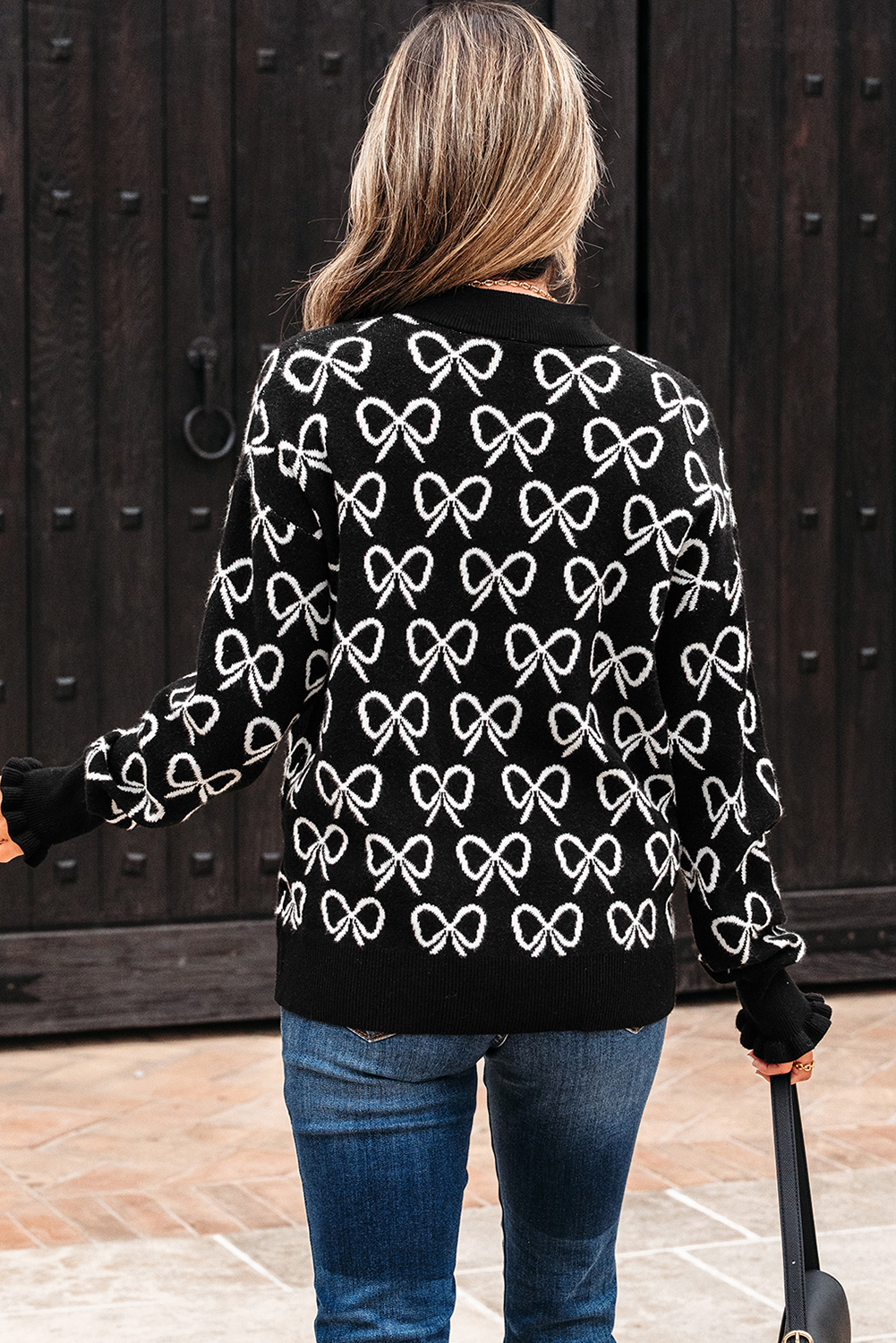 Black Cute Bow Pattern Drop Shoulder Zipped Collar Sweater view 2