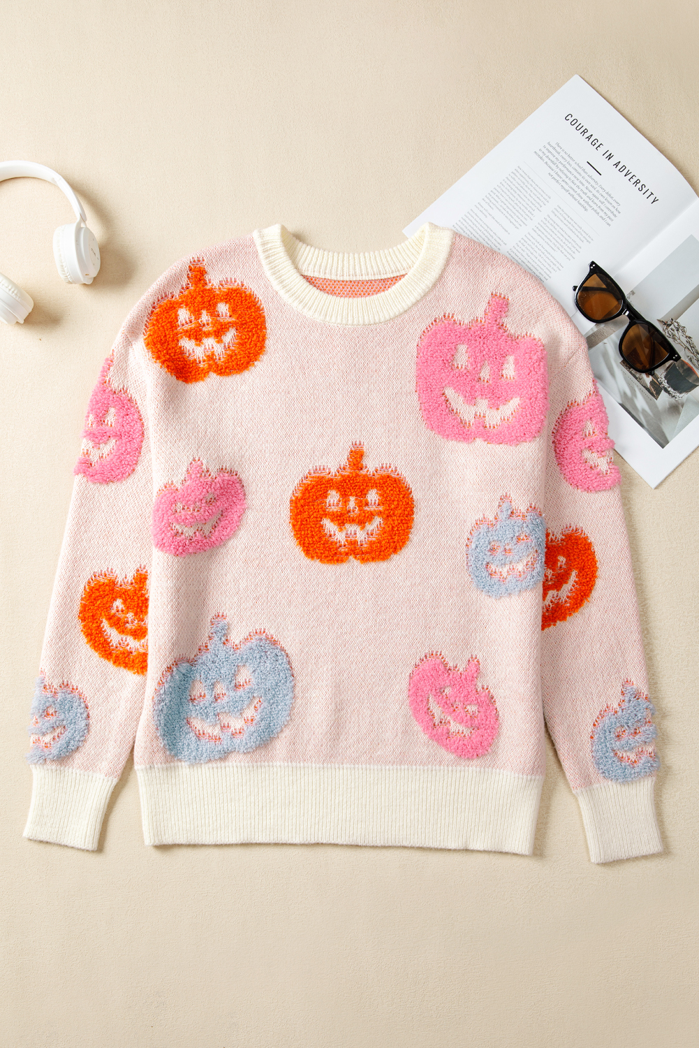 Beige Halloween Cute Pumpkin Pattern Sweater view 9