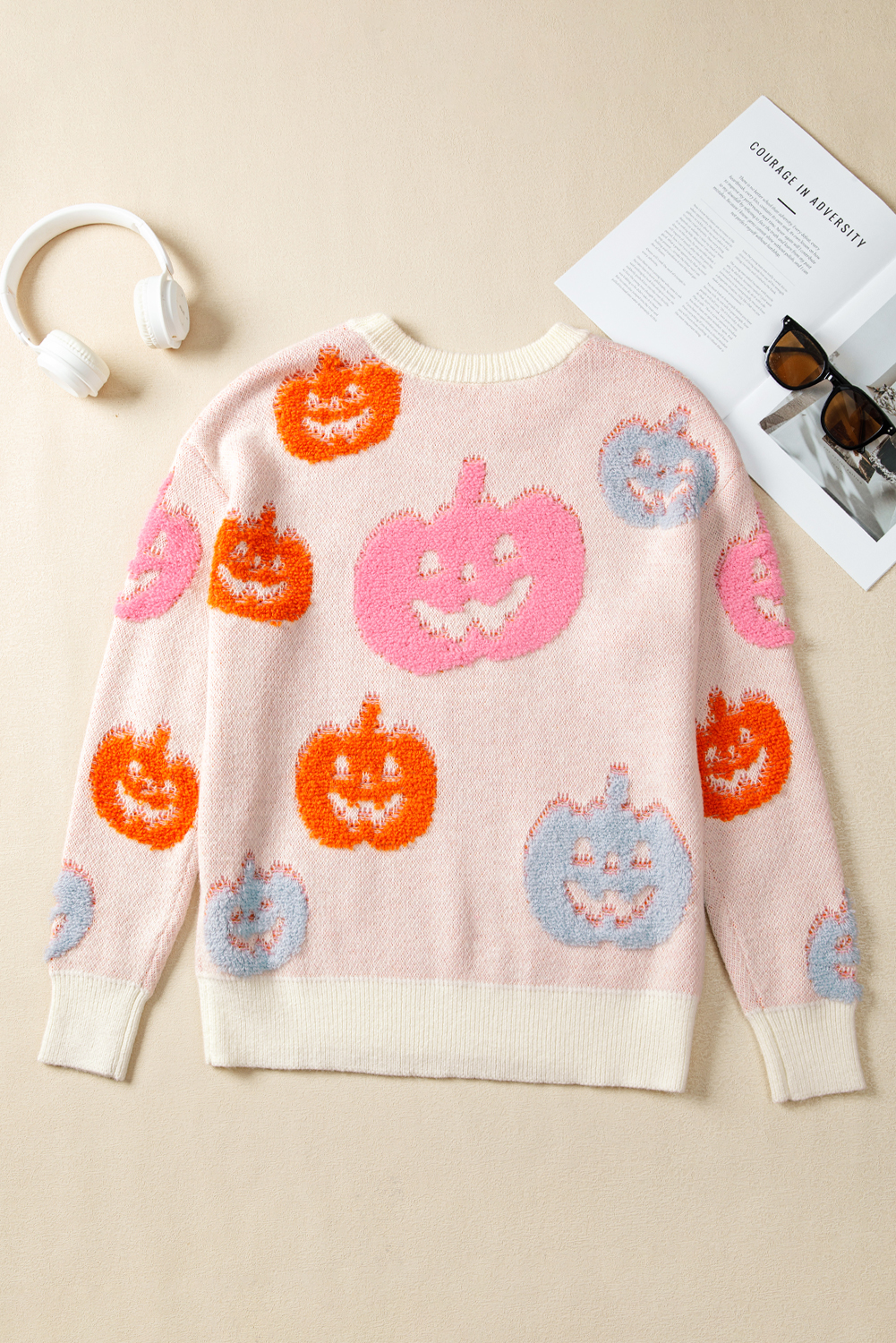 Beige Halloween Cute Pumpkin Pattern Sweater view 10