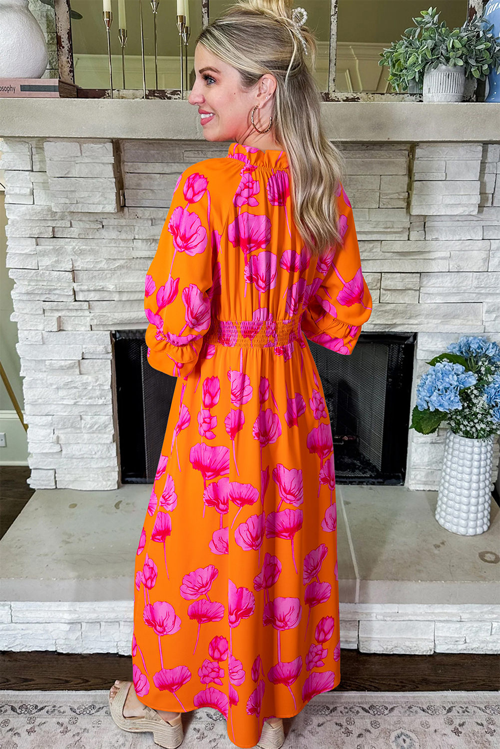 Orange Floral Print Frilly Smocked V Neck 3/4 Sleeve Long Dress view 10