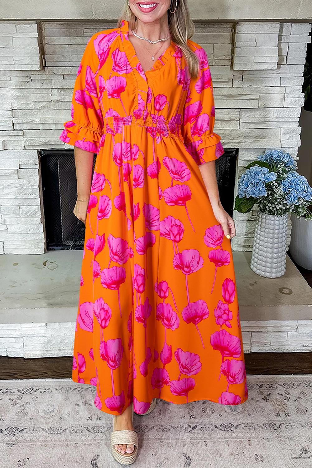 Orange Floral Print Frilly Smocked V Neck 3/4 Sleeve Long Dress view 9