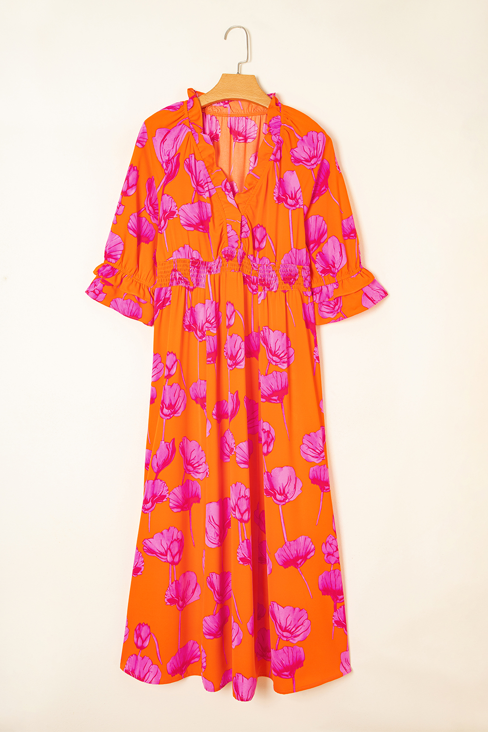 Orange Floral Print Frilly Smocked V Neck 3/4 Sleeve Long Dress view 12