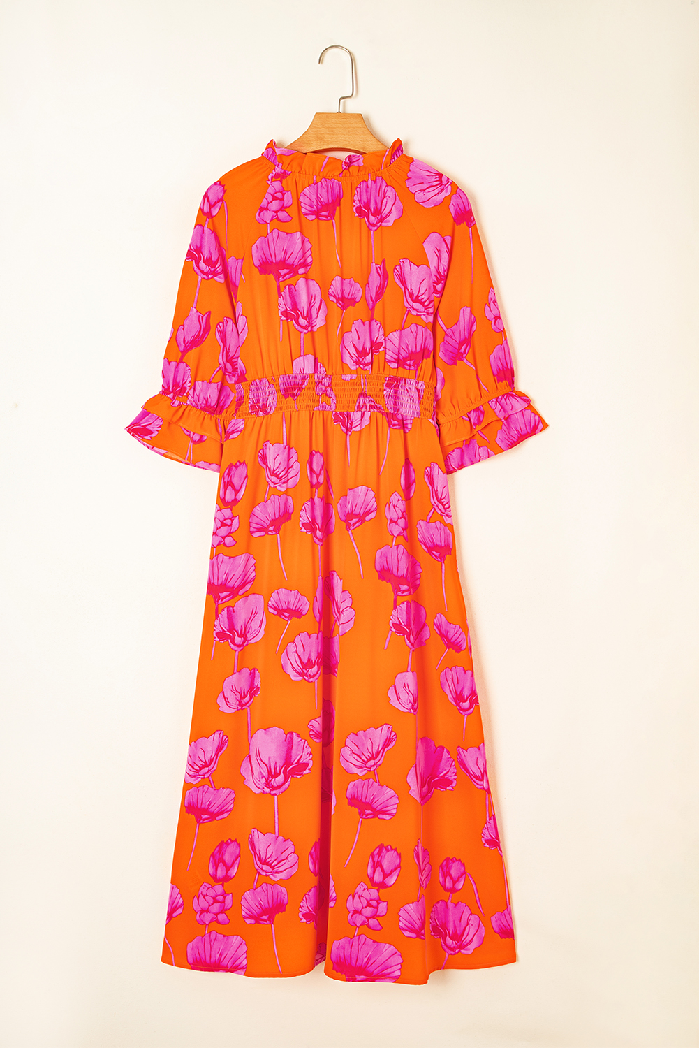 Orange Floral Print Frilly Smocked V Neck 3/4 Sleeve Long Dress view 13