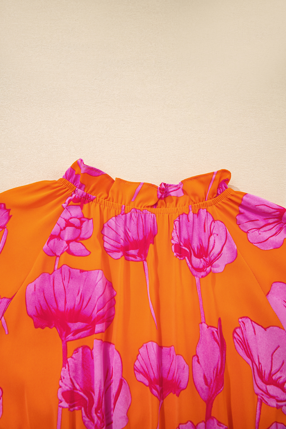 Orange Floral Print Frilly Smocked V Neck 3/4 Sleeve Long Dress view 15