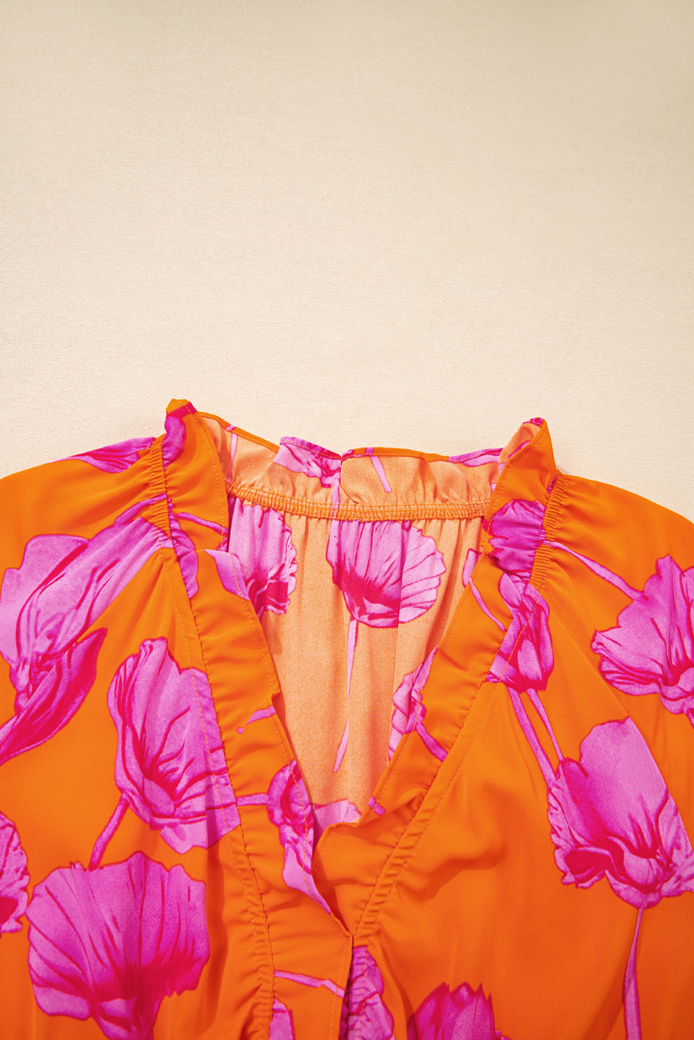 Orange Floral Print Frilly Smocked V Neck 3/4 Sleeve Long Dress view 14