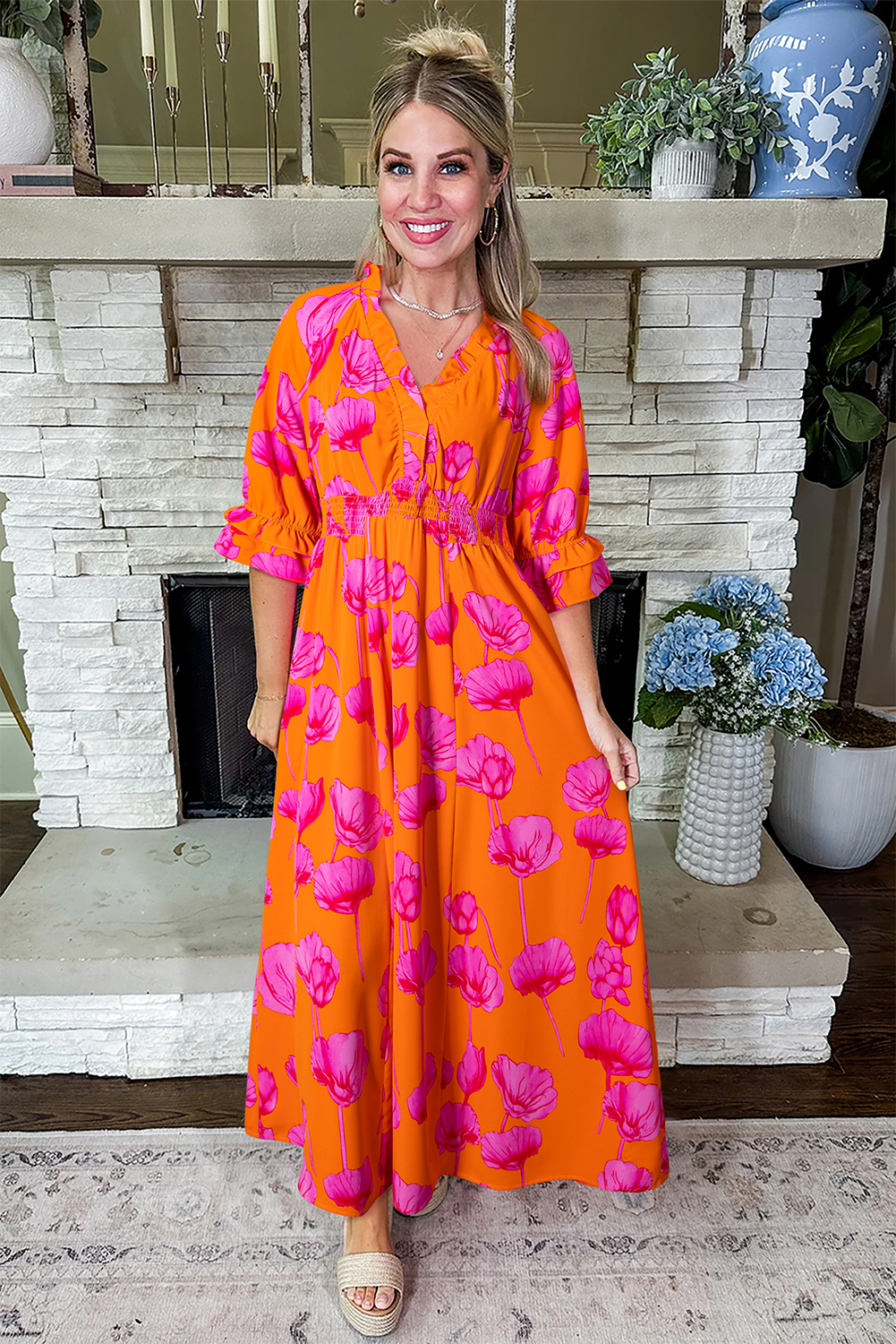 Orange Floral Print Frilly Smocked V Neck 3/4 Sleeve Long Dress view 11