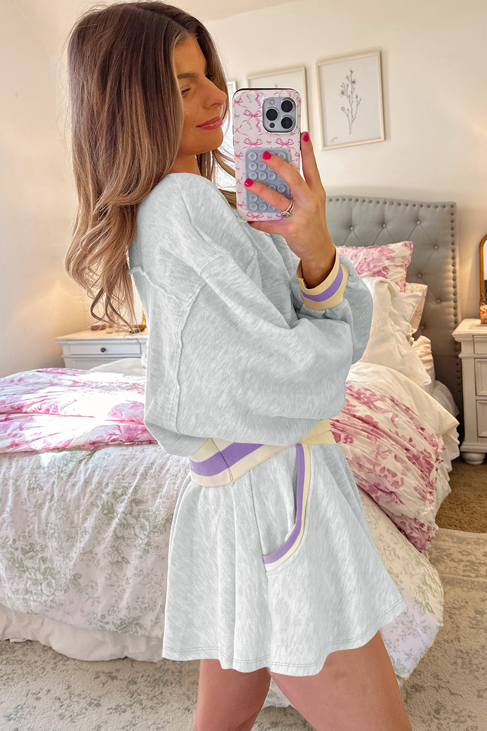 Light Grey Contrast Striped Bands Cropped Pullover and Athletic Short Set view 10