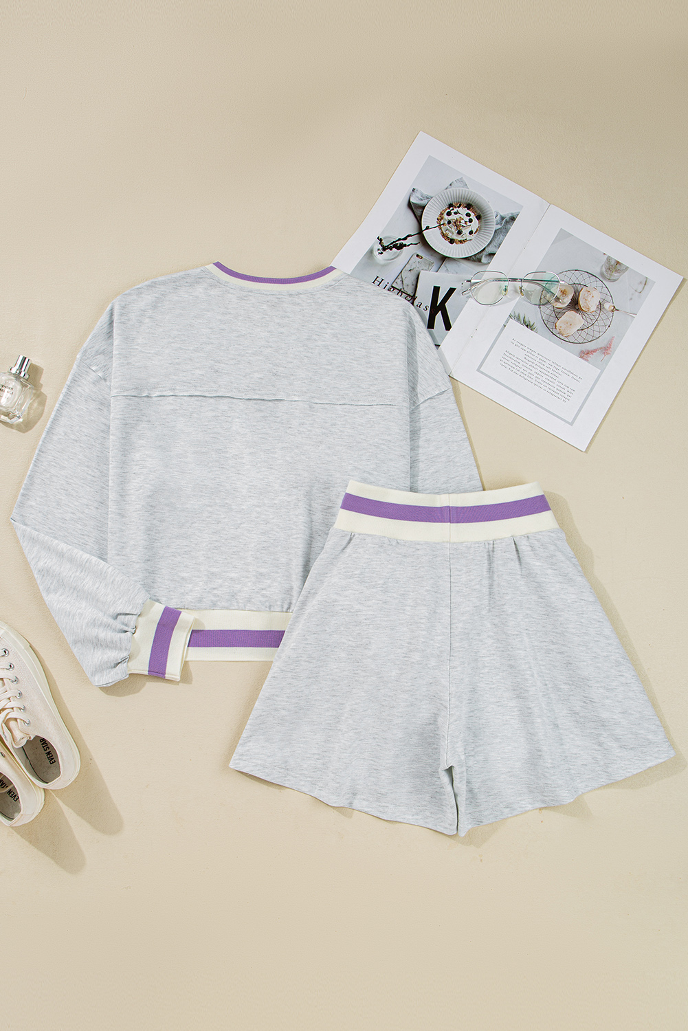 Light Grey Contrast Striped Bands Cropped Pullover and Athletic Short Set view 16