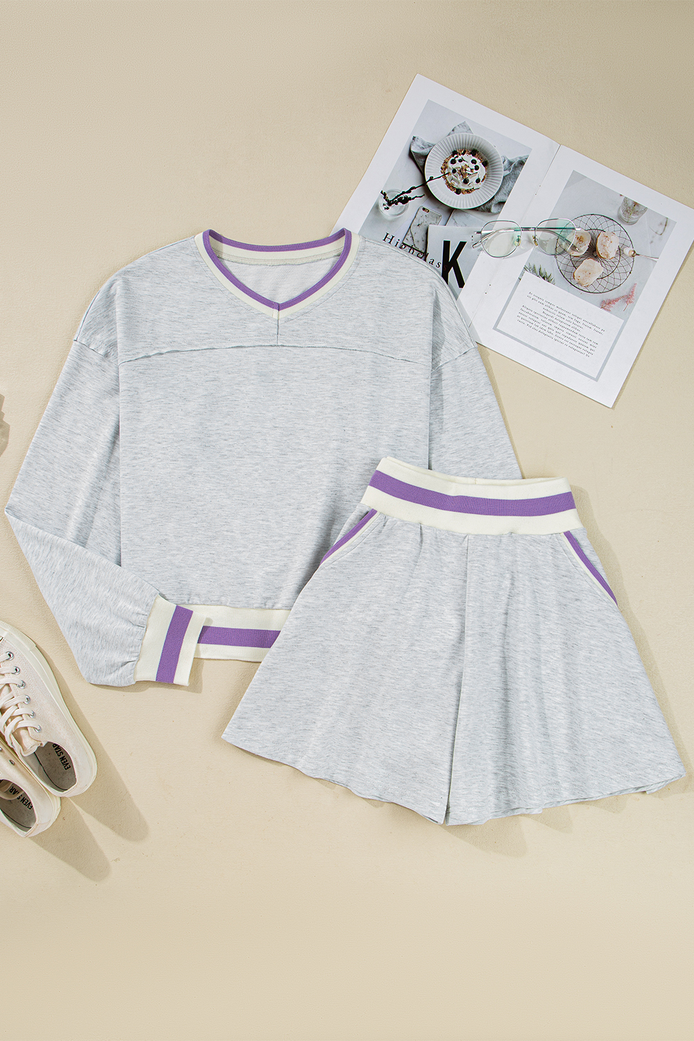 Light Grey Contrast Striped Bands Cropped Pullover and Athletic Short Set view 15