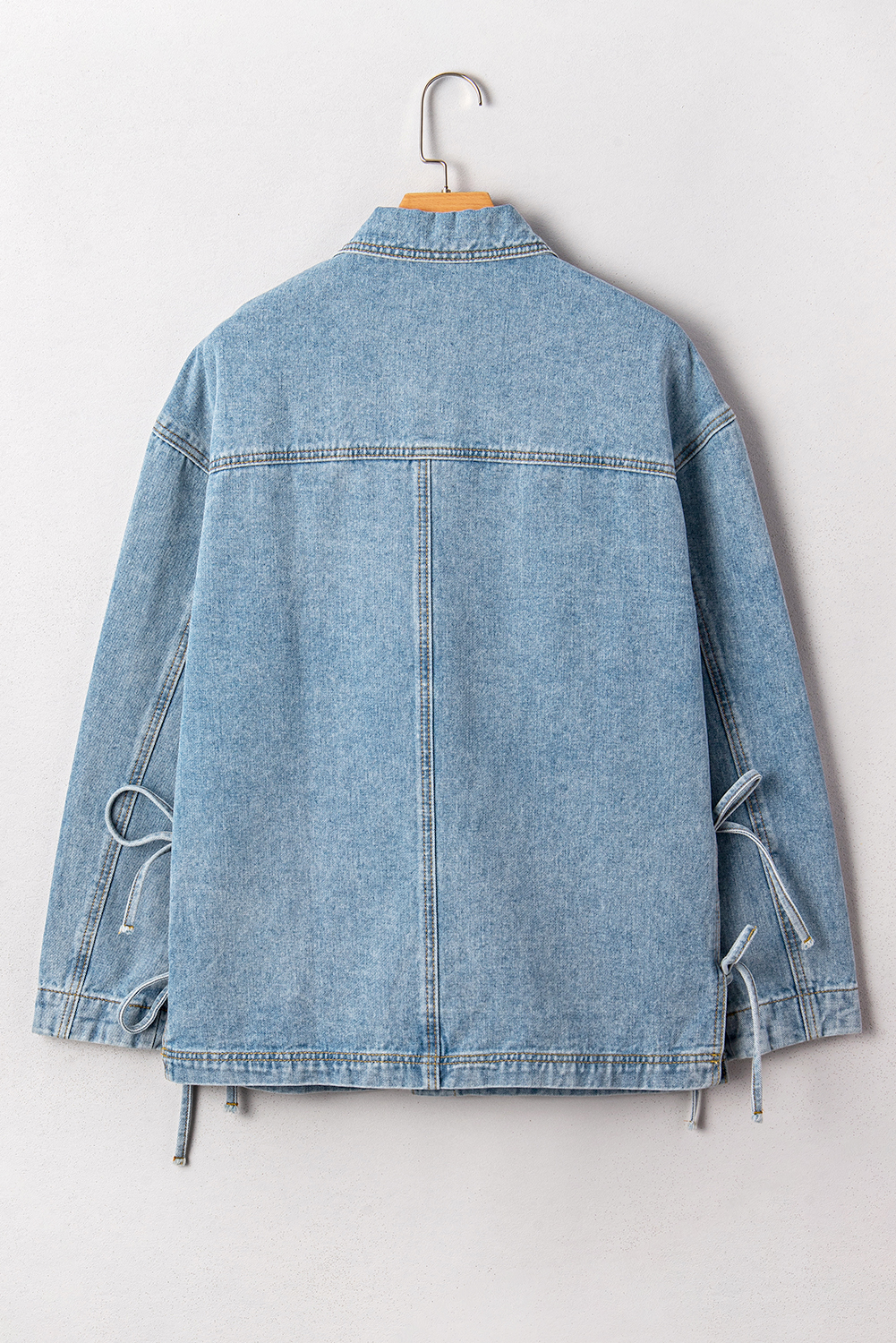 Beau Blue Multi Patched Pockets Side Tie up Boyfriend Style Denim Jacket view 10