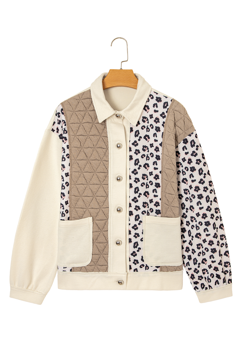 Khaki Leopard Waffle Quilted Patchwork Button Front Jacket view 23