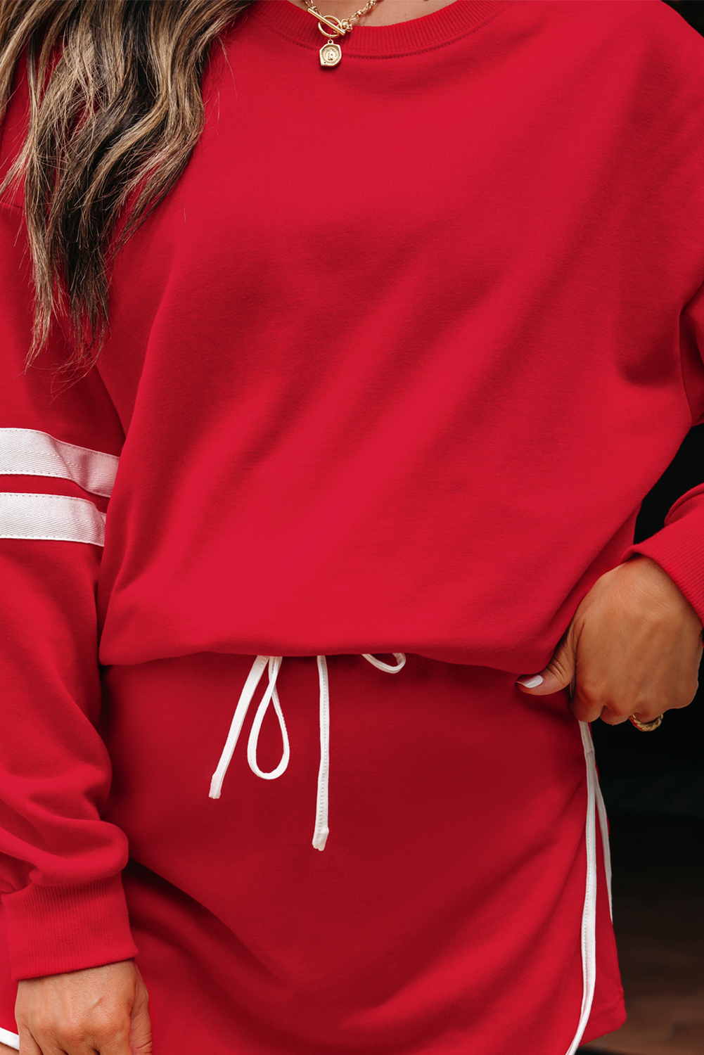 Fiery Red Varsity Stripe Detail Drop Shoulder Pullover Mini Skort Set view 7