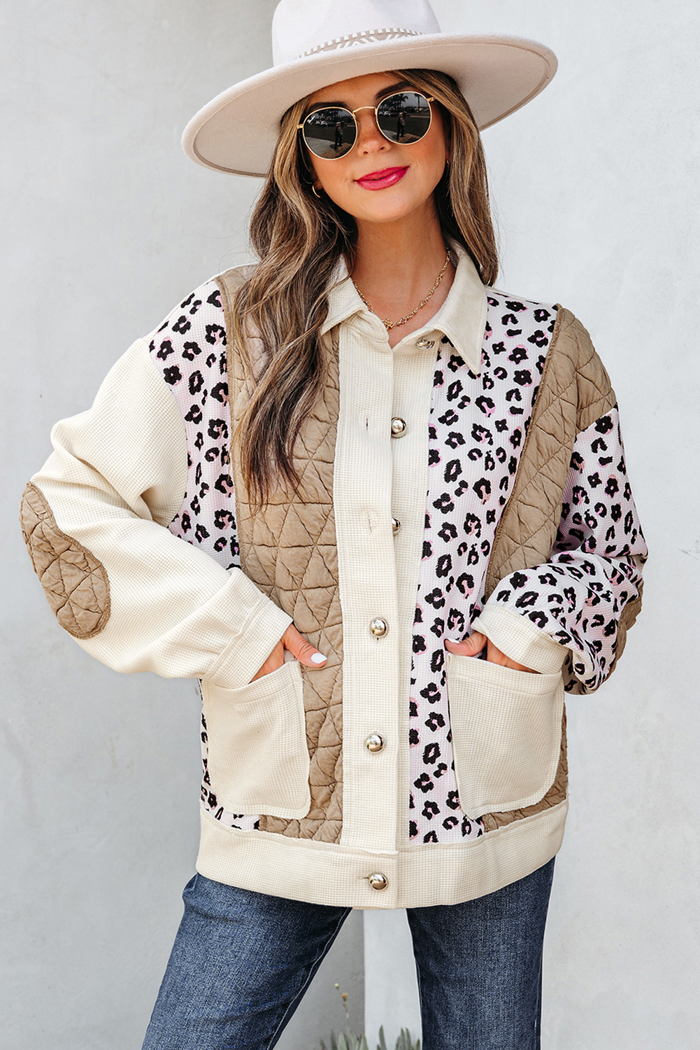 Khaki Leopard Waffle Quilted Patchwork Button Front Jacket view 4