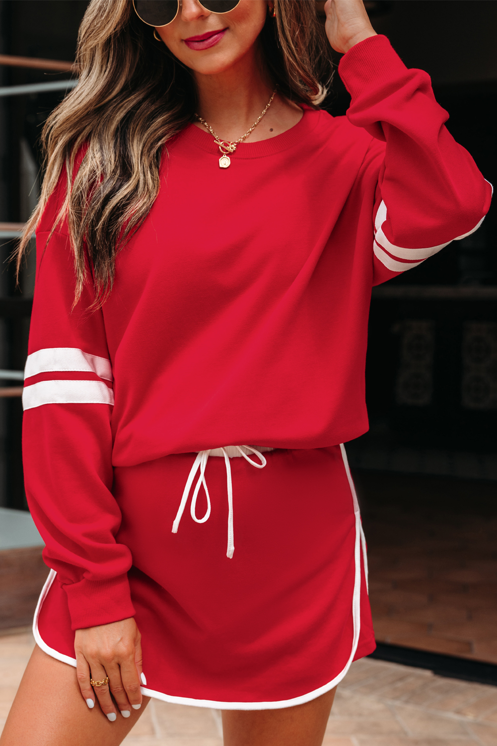 Fiery Red Varsity Stripe Detail Drop Shoulder Pullover Mini Skort Set view 6